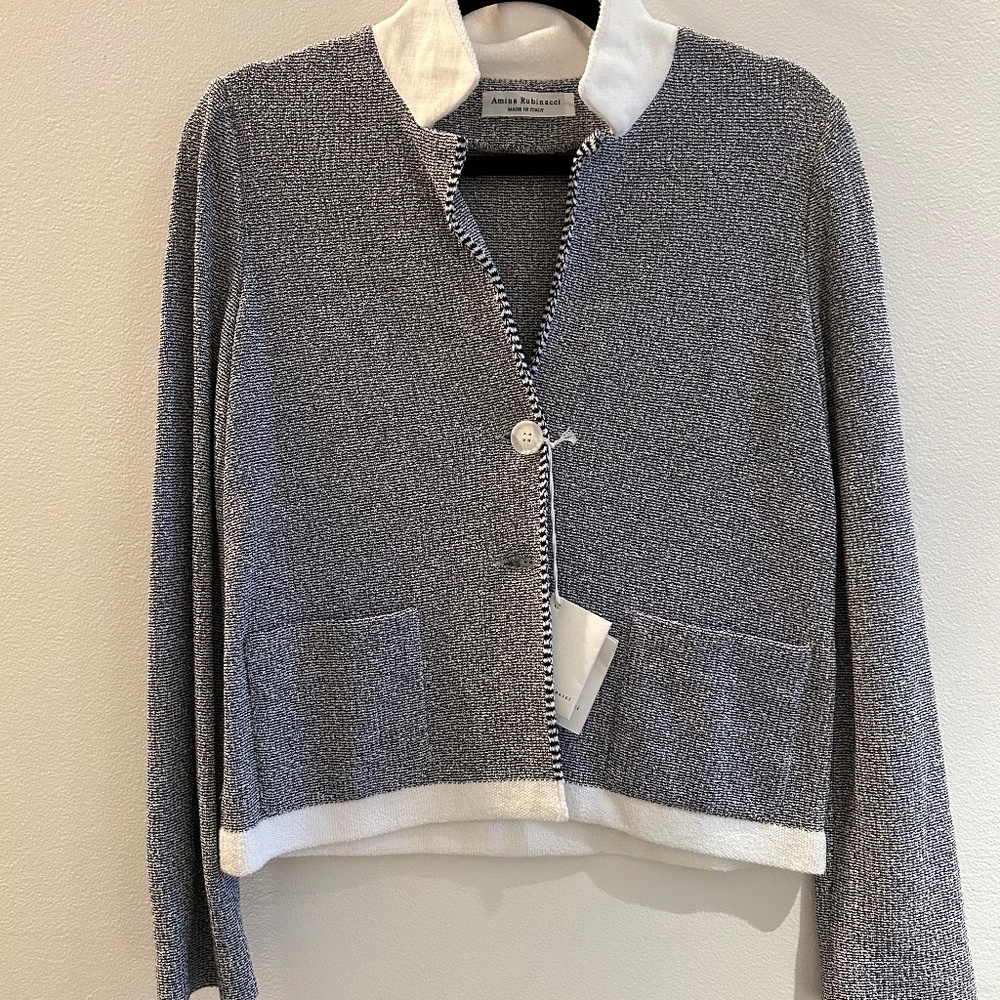 Amina Rubinacci Gray Knit Jacket with White Collar, Size 40 (XS/S)